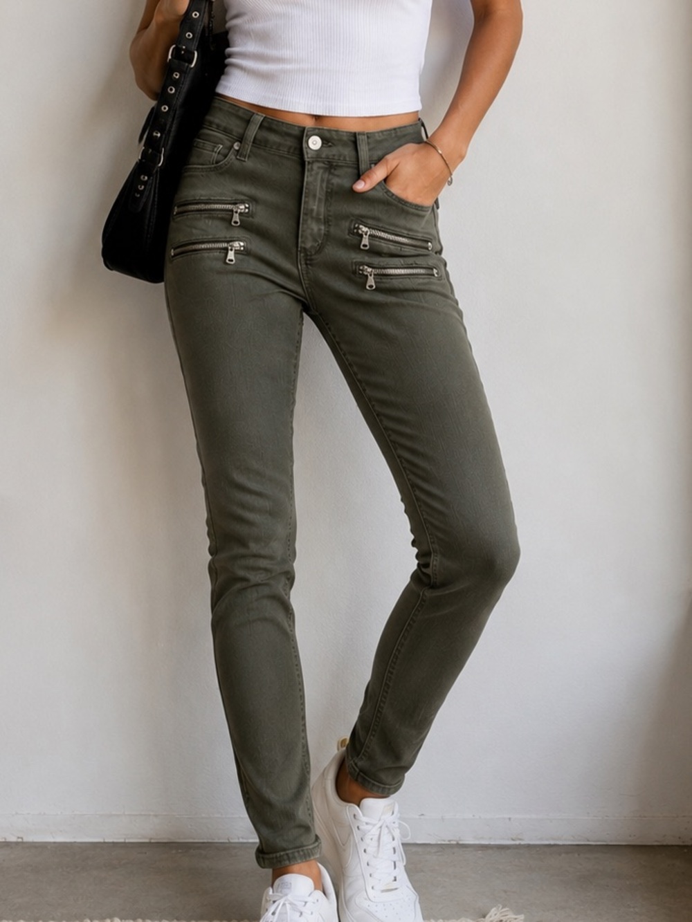 PAIGE Edgemont Moto Skinny Jeans 27 Tea Leaf Silk Coated Olive Green Zip Pants